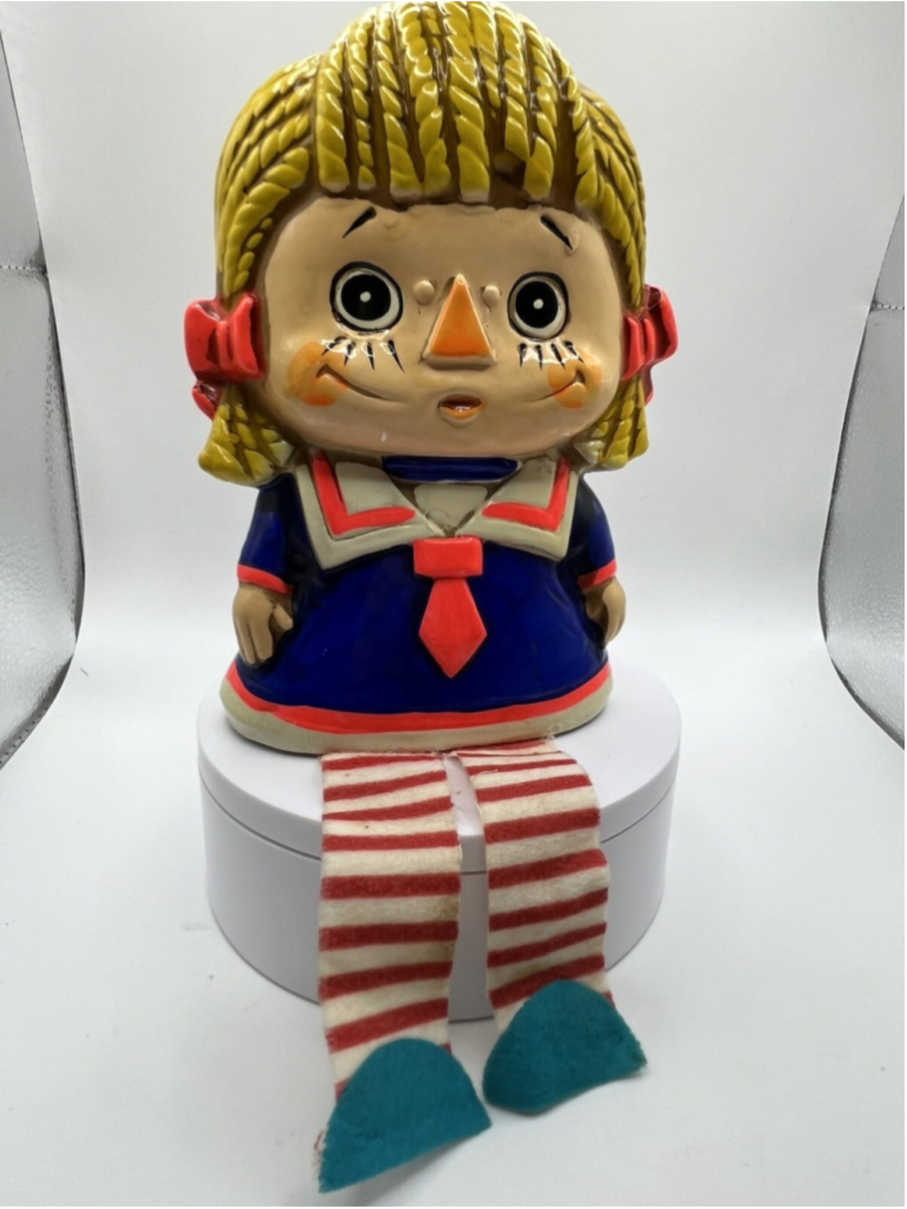 Vtg 1960s Clown Raggedy Girl Coin Bank Hippie UV Glowing Paint Retro Kitsch SEE